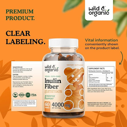 Wild & Organic Inulin Fiber Gummies 4000mg - Digestive Support w/Chicory Root - Soluble Fiber Supplement w/Inulin Powder - Prebiotics for Gut Support - 60 Prebiotic Gummies