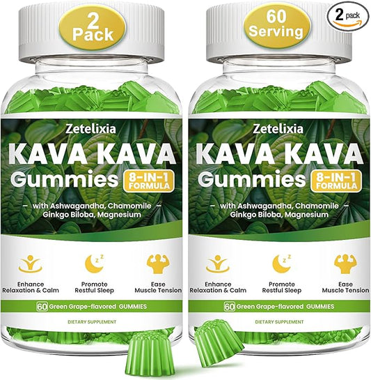 2 Pack Kava Kava Gummies, Kava Kava Root Extract Supplement with Kavalactones, Calm Gummies for Stress Relief & Better Sleep, Melatonin Free, Sugar Free, Vegan, Non-GMO, Green Grape Flavor, 120 count