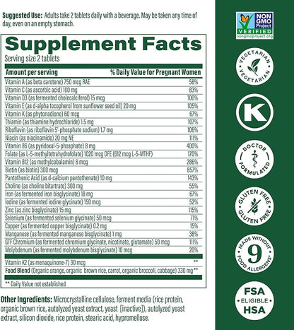 MegaFood Baby & Me 2 Prenatal Multi - Prenatal Vitamins for Women with Choline, Methyl Folate, Iron - Gluten-Free, Vegetarian, Pre Natal Multivitamin for Women - 60 Tablets, 30 Servings