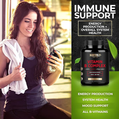 Vitamin B Complex with Vitamin C - Contains All Essential B Vitamins - B1, B2, B3, B5, B6, B7, B9, B12 and Biotin - Super B Complex Vitamins for Energy, Immunity and Mood Support - 90 Capsules