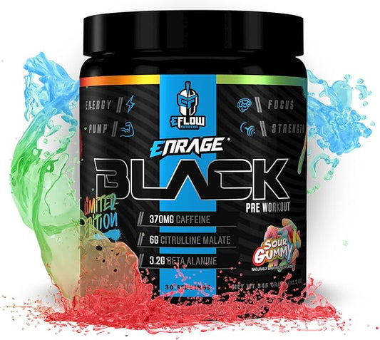 eFlow Nutrition Enrage Black High Stimulant Pre Workout Supplement - Preworkout Powder to Boost Energy, Pumps and Strength - 4 Flavors (30 Servings) (Sour Gummy)