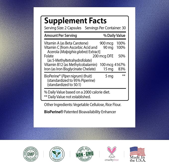 Research Verified Anemia Support - Replenish Iron, Regulate Hemoglobin, Improve Energy - Iron, Vitamin C, Vitamin A, B12, Folate, BioPerine - 180 Capsules - Vegan
