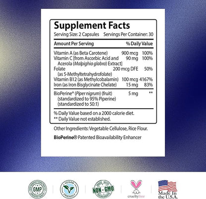 Research Verified Anemia Support - Replenish Iron, Regulate Hemoglobin, Improve Energy - Iron, Vitamin C, Vitamin A, B12, Folate, BioPerine - 180 Capsules - Vegan