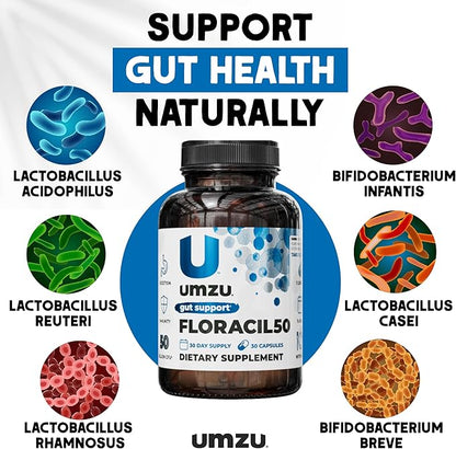 UMZU Floracil50 Probiotic for Women + Men - 50 Billion CFU for Gut Health, Acidophilus, Rhamnousus, Digestion, Gut Health, Immunity, Energy - 30-Day Supply (30 Capsules)