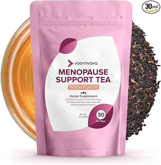 VoomVaya Menopause Support Tea - Natural Menopause Relief for Women with Red Clover & Black Cohosh - Alleviates Hot Flashes, Night Sweats, Mood Swings - Peach Flavor - 30 Teabags