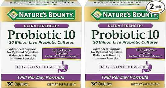 Nature's Bounty Ultra Strength Probiotic 10 Twin Pack, Immune and Upper Respiratory Health, 30 Count (Pack of 2)