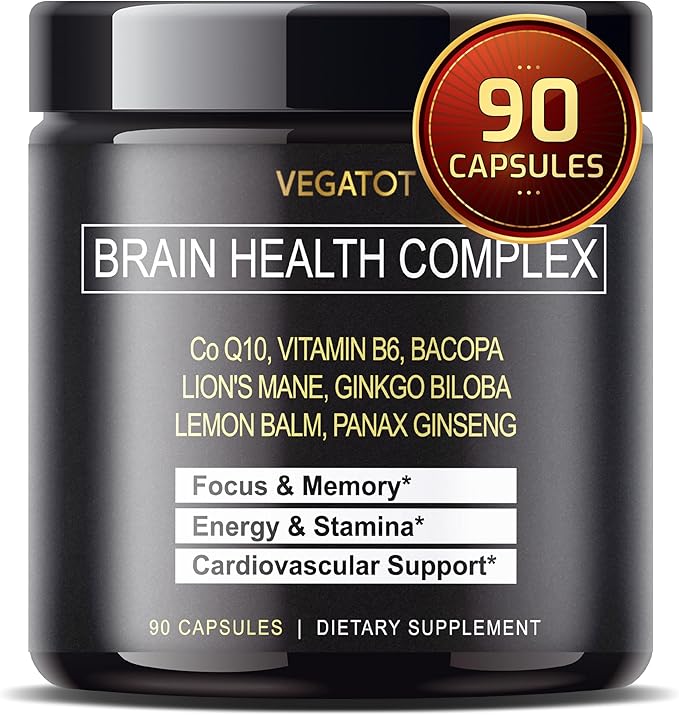 VEGATOT Brain Booster *USA Made and Tested* Brain Health Complex Supplement Concentrated with CoQ-10 VIT B6 Lion's Mane Ginkgo Biloba Lemon Balm Ginseng - Focus Memory Energy