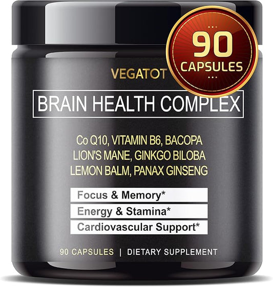 VEGATOT Brain Booster *USA Made and Tested* Brain Health Complex Supplement Concentrated with CoQ-10 VIT B6 Lion's Mane Ginkgo Biloba Lemon Balm Ginseng - Focus Memory Energy