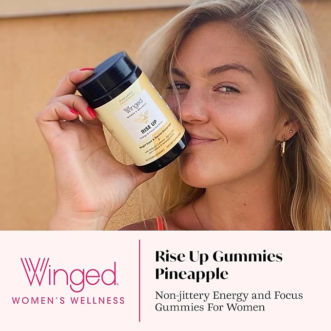 Winged Wellness Rise Up, Energy & Focus Gummies for Women - Daily Brain Boost Gummy Supplement with Natural Caffeine, Ashwagandha, B12, Nootropics Alpha-GPC & Lion’s Mane - Pineapple, 30 Gummies