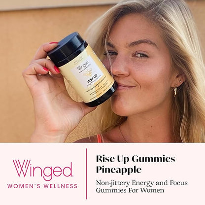 Winged Wellness Rise Up, Energy & Focus Gummies for Women - Daily Brain Boost Gummy Supplement with Natural Caffeine, Ashwagandha, B12, Nootropics Alpha-GPC & Lion’s Mane - Pineapple, 30 Gummies