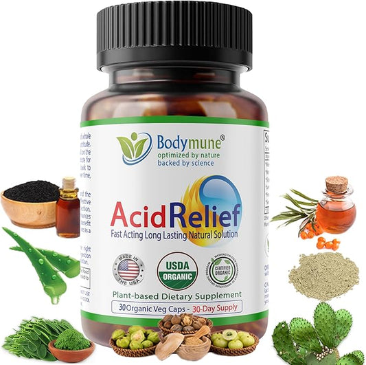 AcidRelief Acid Reducer Acid Indigestion Relief Supplement for Occasional Acid Reflux & Antacid, USA-Made USDA Organic Superfood, All-Natural Unique Blend Non-GMO Gluten-Free Vegan - 30 Caps