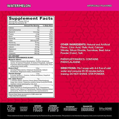 BSN N.O.-XPLODE Pre Workout Powder, Energy Supplement for Men and Women with Creatine and Beta-Alanine, Flavor: Watermelon, 30 Servings