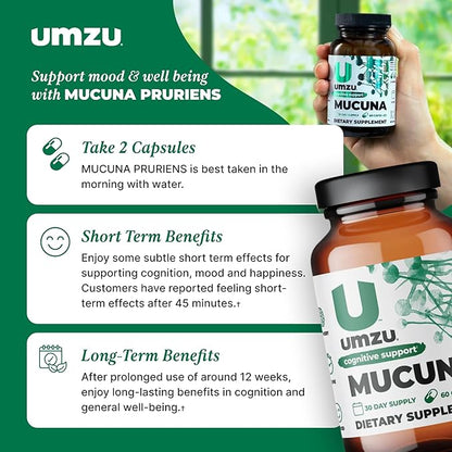 UMZU Mucuna Pruriens - Dopamine Production Support - Brain, Well-being & Memory Health - Antioxidants & Hormone Support - 30 Day Supply - 60 Capsules