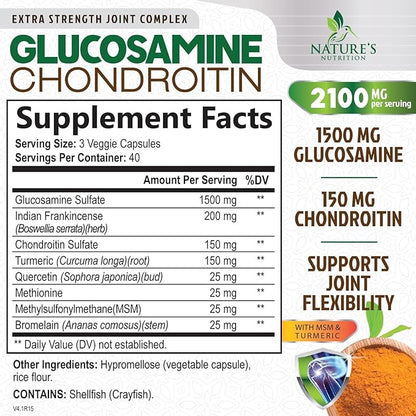 Glucosamine Chondroitin MSM 2100mg Complex - Joint Support Supplement for Joint Mobility & Comfort For Men and Women with Turmeric & Boswellia, Triple Strength Glucosamine Supplements - 120 Capsules