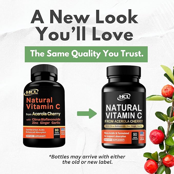 Natural Vitamin C from Organic Acerola Cherry - High Absorption - with Garlic Ginger & Citrus Bioflavonoids - Immune System & Collagen Booster - Anti Aging Skin Vitamins