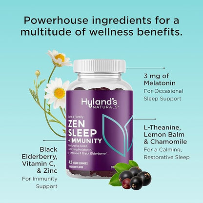 Hyland's Rest and Fortify Zen Sleep Aid and Immune Support, 42 Vegan Gummies, with Melatonin and L-Theanine for Sleep Support and Organic Black Elderberry, Vitamin C and Zinc