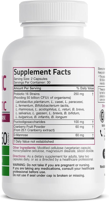 Bronson Women's Probiotic 50 Billion CFU + Prebiotic with Cranberry & D-Mannose – Vaginal Health, Healthy Digestion, Immune Function and Urinary Tract Support, Non-GMO, 60 Vegetarian Capsules