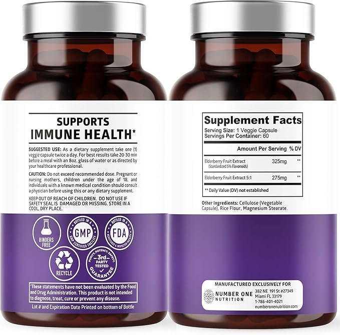 N1N Premium Black Elderberry Capsules for Adults [Max Strength] Pure and Potent Elderberry from Sambucus Nigra to Support Immunity & Skin Health, Non-GMO, Gluten Free, 60 Veg Caps