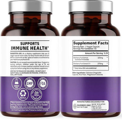 N1N Premium Black Elderberry Capsules for Adults [Max Strength] Pure and Potent Elderberry from Sambucus Nigra to Support Immunity & Skin Health, Non-GMO, Gluten Free, 60 Veg Caps