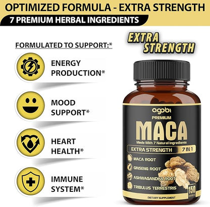 7in1 Premium Maca Root Capsules - with Ashwagandha, Ginseng, Tribulus, Shilajit, Shatavari & Black Pepper - Natural Energy, Performance & Mood Support - 150 Counts for 5 Months