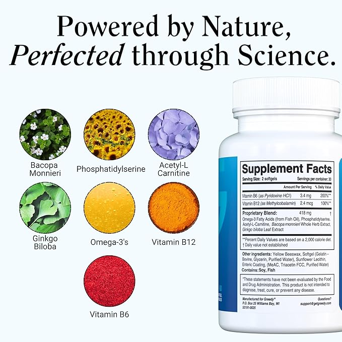 Nootropic Brain Supplements for Memory and Focus – Brain Health Supplements for Adults with NanoCap® Technology, Phosphatidylserine, Bacopa, Ginkgo Biloba, Omega 3, B6 B12, 60 Softgels by Greedy®
