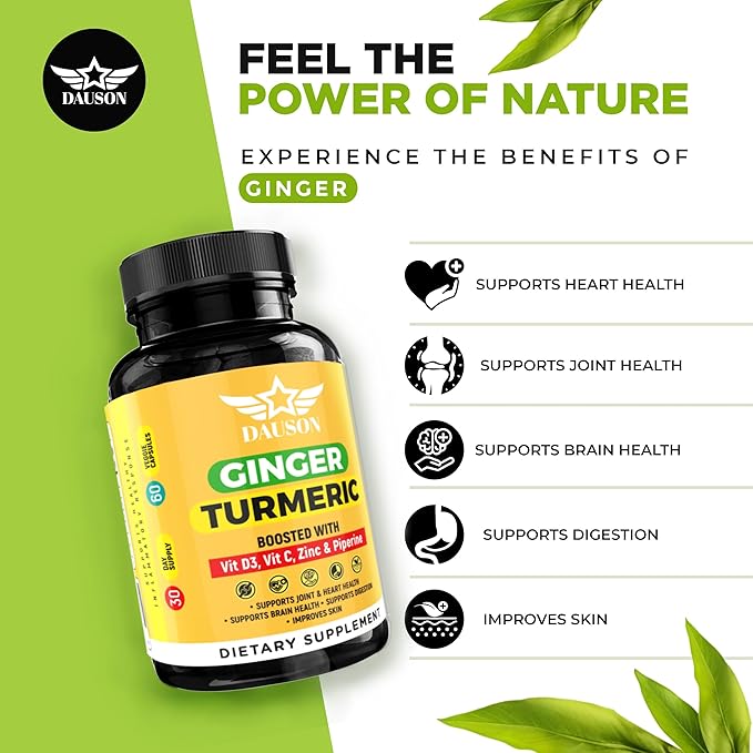 Ginger Turmeric Supplements – Boosted with Piperine, Vitamin D3, Vitamin C, Zinc & Orange | Joint, Gut & Skin Health Support