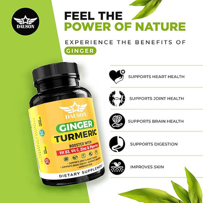 Ginger Turmeric Supplements – Boosted with Piperine, Vitamin D3, Vitamin C, Zinc & Orange | Joint, Gut & Skin Health Support