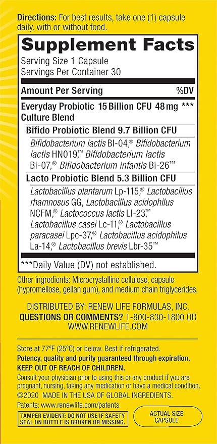 Renew Life Everyday Probiotic Capsules, Daily Supplement Supports Urinary, Digestive and Immune Health, L. Rhamnosus GG, Dairy, Soy and gluten-free, 15 Billion CFU, 30 Count