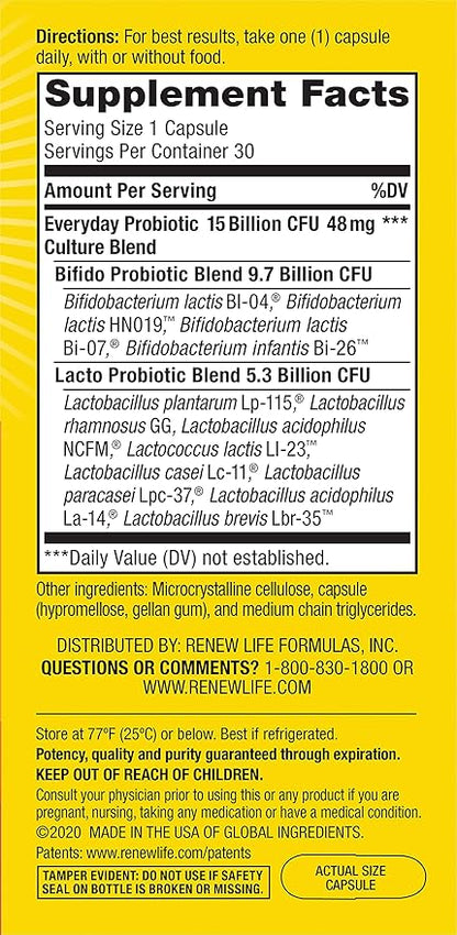 Renew Life Everyday Probiotic Capsules, Daily Supplement Supports Urinary, Digestive and Immune Health, L. Rhamnosus GG, Dairy, Soy and gluten-free, 15 Billion CFU, 30 Count