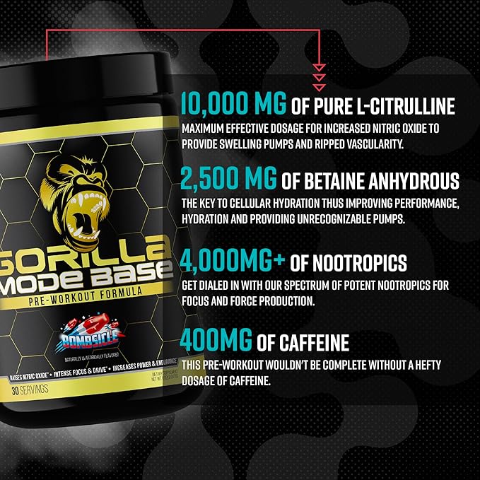 Gorilla Mind Base Pre Workout - Raises Nitric Oxide Intense Focus & Drive Endurance Power - L-Citrulline, L-Tyrosine, Betaine, Alpha-GPC, Caffeine, Huperzine A - 360 Grams (Blue Raspberry)