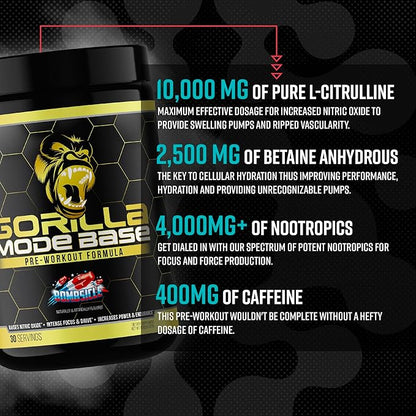 Gorilla Mind Base Pre Workout - Raises Nitric Oxide Intense Focus & Drive Endurance Power - L-Citrulline, L-Tyrosine, Betaine, Alpha-GPC, Caffeine, Huperzine A - 360 Grams (Bombsicle)