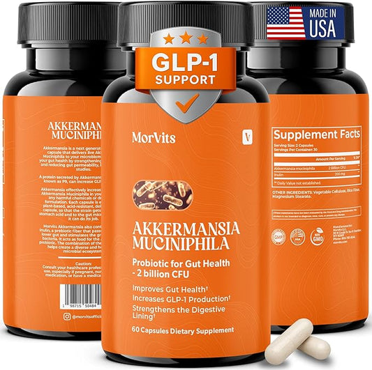 Akkermansia Probiotic | GLP-1 Supplement for Gut Health, Akkermansia Muciniphila, 2 Billion CFU Live Strain for Men & Women (60 Capsules, 1-Pack) - Inulin Prebiotic Fiber, Increases GLP1 Production