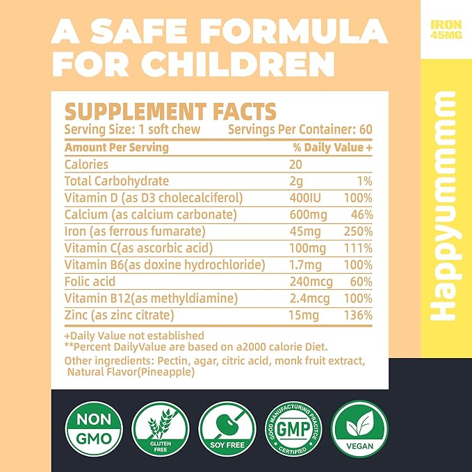 Iron Soft Chews Supplement with Vitamin C | Orange Flavored | Gluten Free | Iron Supplement for Women Men and Kids | 60 Count | 2 Month Supply