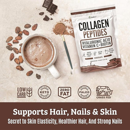 Chocolate Collagen Powder. Collagen with Hyaluronic Acid and Vitamin C. Chocolate Collagen Peptides Powder Chocolate. Collagen with Vitamin C & Biotin for Hair, Skin, Nails, Joint. Keto, Type 1 and 3.