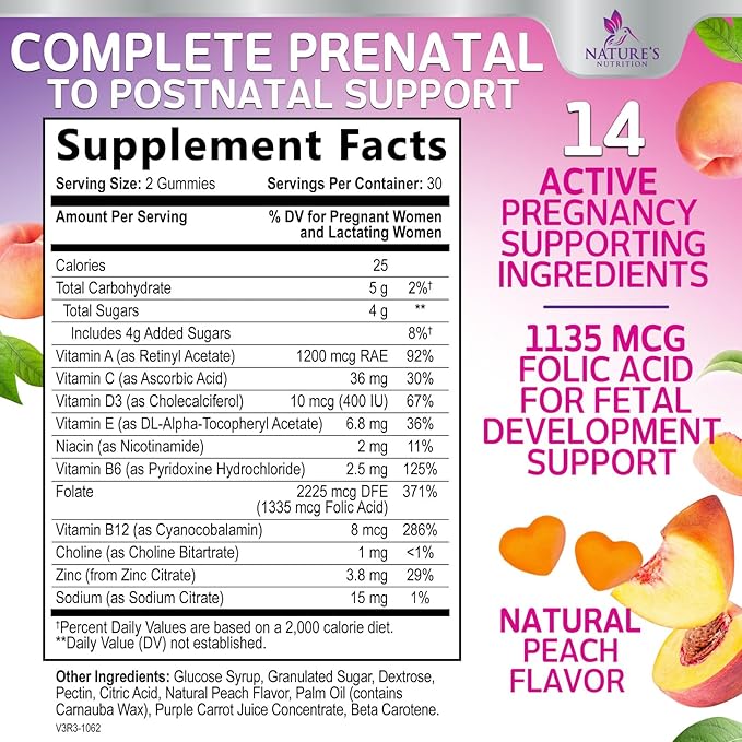 Prenatal Gummy with Folic Acid, Prenatal Vitamins and Minerals for Fetal Support, Vitamin A, C, D3, B12, B6 & Folate, Prenatal Multivitamin for Pregnant & Nursing Women - 60 Gummies, 30 Day Supply