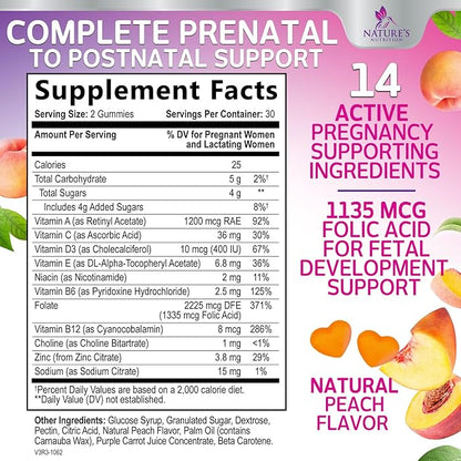 Prenatal Gummy with Folic Acid, Prenatal Vitamins and Minerals for Fetal Support, Vitamin A, C, D3, B12, B6 & Folate, Prenatal Multivitamin for Pregnant & Nursing Women - 60 Gummies, 30 Day Supply