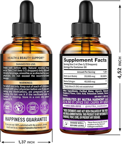 Liquid Biotin & Collagen - Vitamins for Hair Growth Support for Women & Men - Extra Strength 60000 mcg Drops - B7 Supplement - Strong Nails & Healthy Skin - 98% Faster Absorption Than Pills