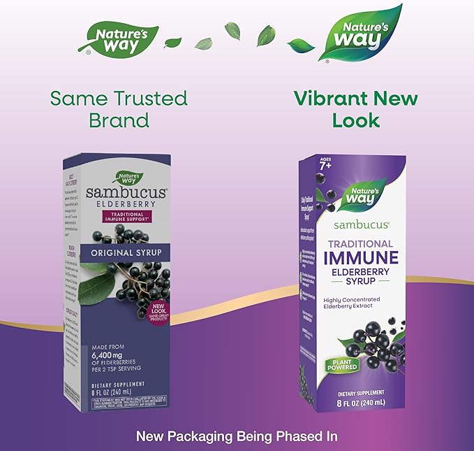 Nature’s Way Sambucus Elderberry Traditional Immune Syrup, Highly Concentrated Black Elderberry Extract, Traditional Immune Support*, Delicious Berry Flavored, 8 Fl Oz (Packaging May Vary)
