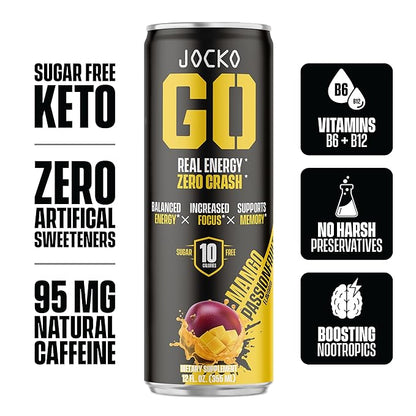 Jocko GO Energy Drink - KETO, Vitamin B12, Vitamin B6, Electrolytes, L Theanine, Magnesium- Energy Boost, Sugar Free Nootropic Monk Fruit Blend - 12 Pack (Mango Passionfruit)