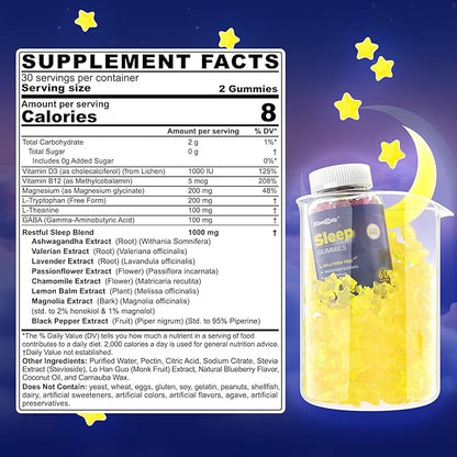 Melatonin Free Sleep Aid Gummies for Adults, Sugar Free Sleeping Gummy No Melatonin, Natural Calm Gummies with Magnesium Glycinate, L-Tryptophan, L-Theanine, GABA, Ashwagandha, Valerian, 120cts