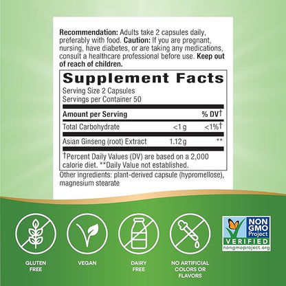 Nature's Way Asian Ginseng, Fights Fatigue*, 1,120mg Per 2-capsule Serving, Non-GMO Project Verified, Vegan, 100 Capsules (Packaging May Vary)