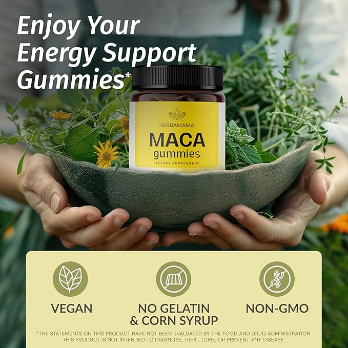 HERBAMAMA Maca Root Gummies - 1800mg Maca Root Extract for Energy Support - Vegan, Non-GMO Antioxidant Support Supplement - 90 Pectin-Based Banana-Flavored Chews