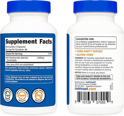 Nutricost NAD+ Supplement 1,000mg per Serving,120 Capsules (Nicotinamide Adenine Dinucleotide) - 60 Servings, Gluten-Free, Vegan