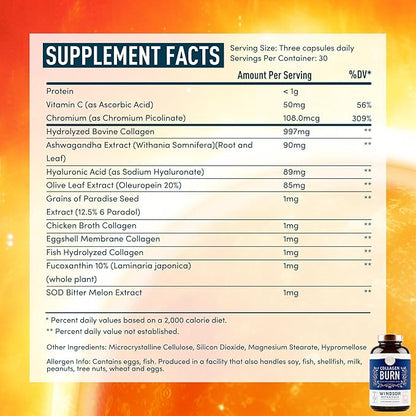 Thermogenic Multi Collagen Burn Capsules - Hydrating Hyaluronic Acid, Marine Collagen Supplements for Women and Men & Vitamin C - Hydrolyzed Collagen Complex 5 Types- 2-Pack, 180 Pills