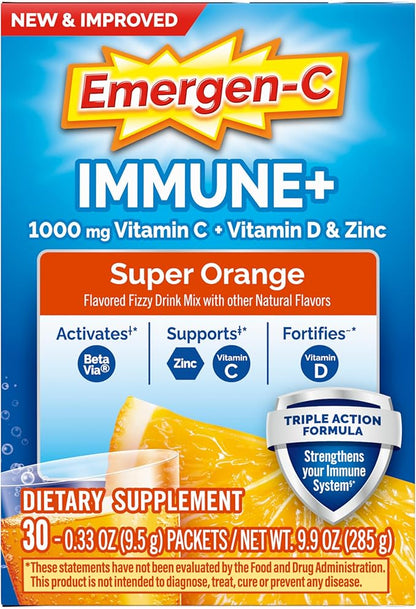 Emergen-C Immune+ Triple Action Immune Support Powder, BetaVia (R), 1000mg Vitamin C, B Vitamins, Vitamin D and Antioxidants, Super Orange – 30 Count (Pack of 1)