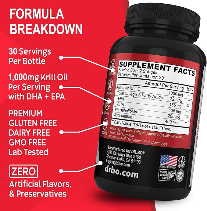 Krill Oil Omega 3 500mg - Antarctic Krill Oil 1000mg Softgels Capsules EPA, DHA, Astaxanthin, Phospholipids - Omega 3 Fatty Acids Supplements, Natural Pure Supplements for Women & Men - 60 Softgels