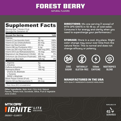 MTN OPS Ignite Lite Energy Drink Powder Gluten Free Nitric Oxide Supplement Drink Mix, L Arginine, L Citrulline, Caffeine & Nootropic Sugar Free Drink Mix, 45 Servings, Forest Berry