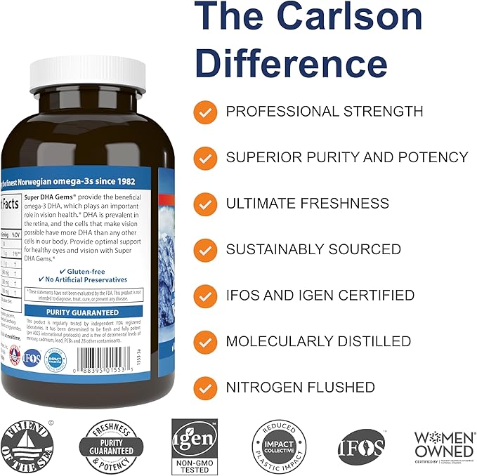 Carlson Super DHA Gems - 500 mg DHA Supplements, 640 mg Fatty Acids, Norwegian Fish Oil Concentrate, Wild-Caught, Sustainably Sourced Fish Oil Capsules, 240 Softgels