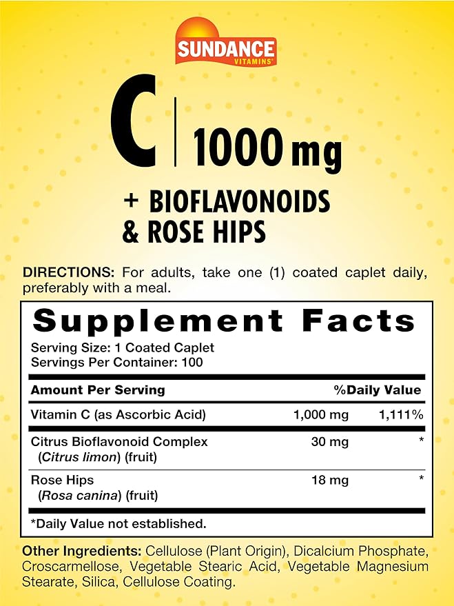 Sundance Vitamin C 1000mg with Bioflavonoids & Rose Hips | 100 Coated Caplets | Vegetarian, Non-GMO and Gluten Free Supplement