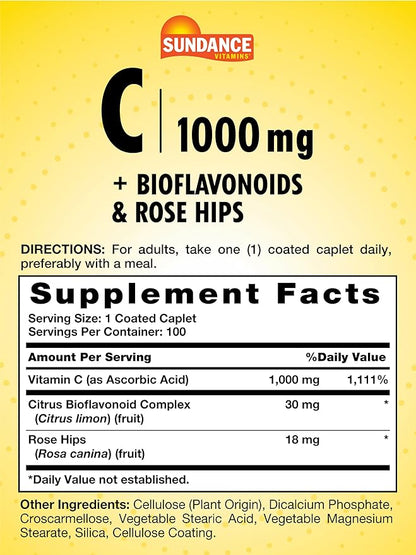 Sundance Vitamin C 1000mg with Bioflavonoids & Rose Hips | 100 Coated Caplets | Vegetarian, Non-GMO and Gluten Free Supplement